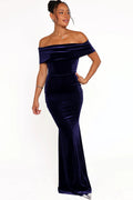 Navy velvet off shoulder maxi dress, front view
