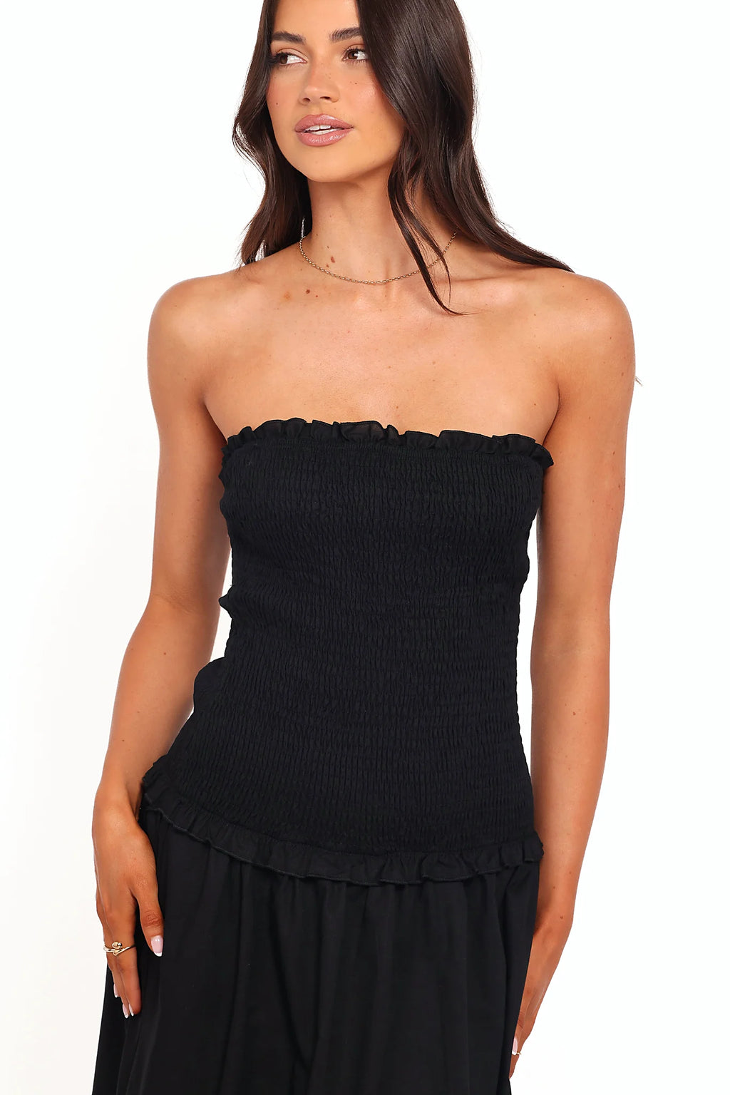 Black strapless linen maxi dress, front view