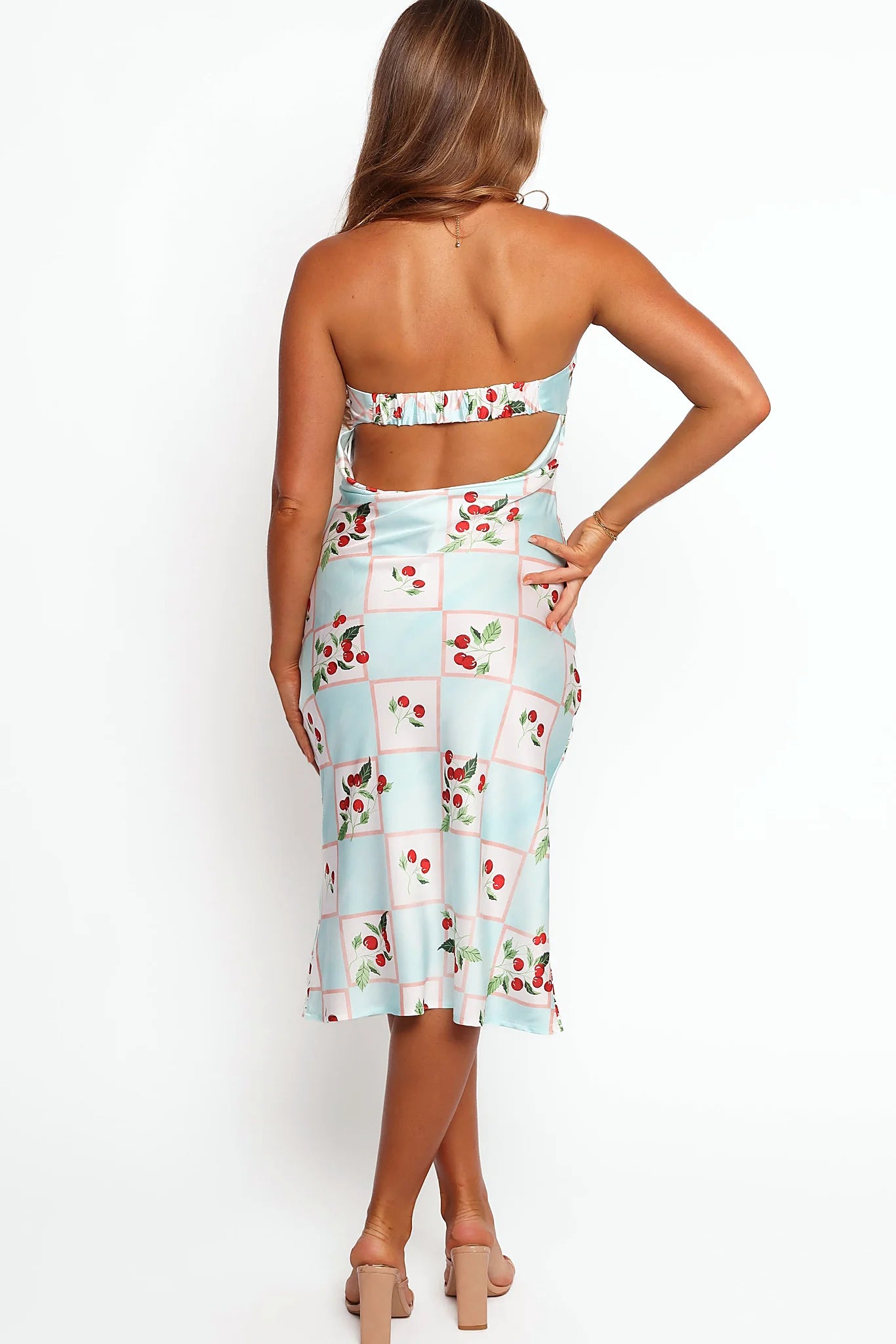 Cut out detail at the back of the cherry print midi