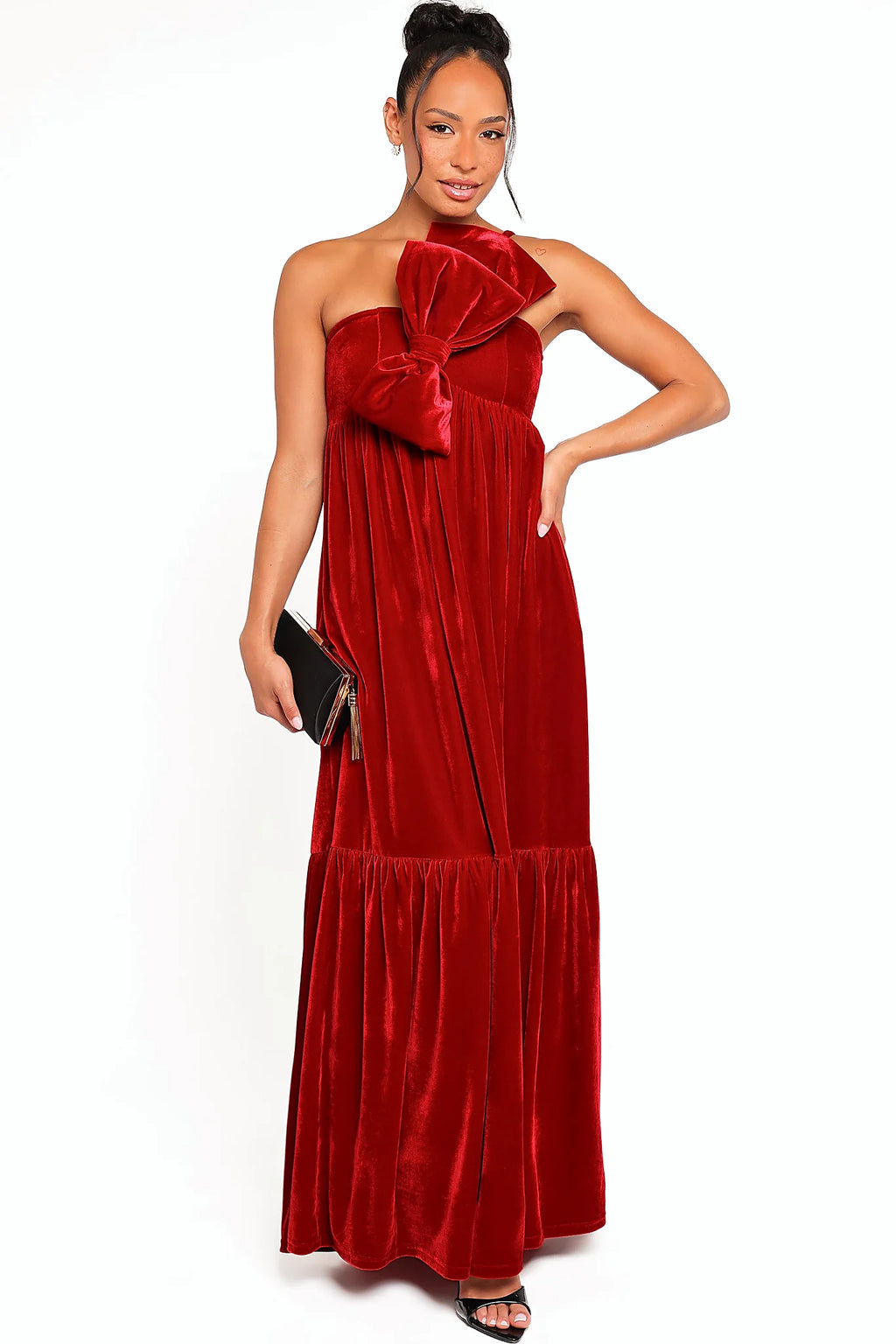 Red velvet one shoulder maxi dress, front view