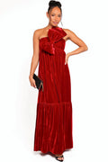 Red velvet one shoulder maxi dress, front view