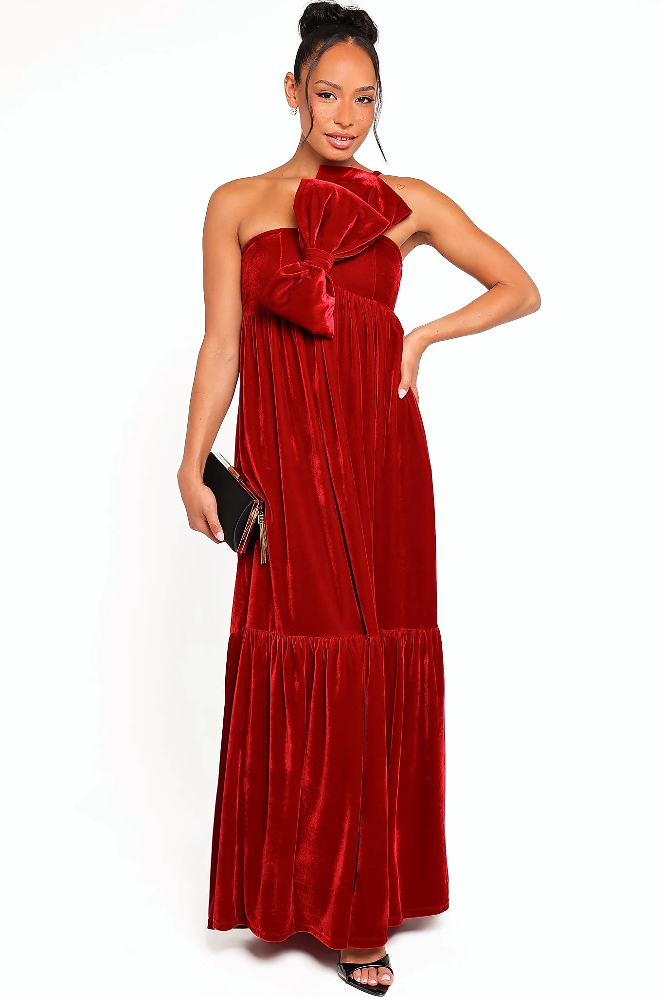 Red velvet one shoulder maxi dress, front view