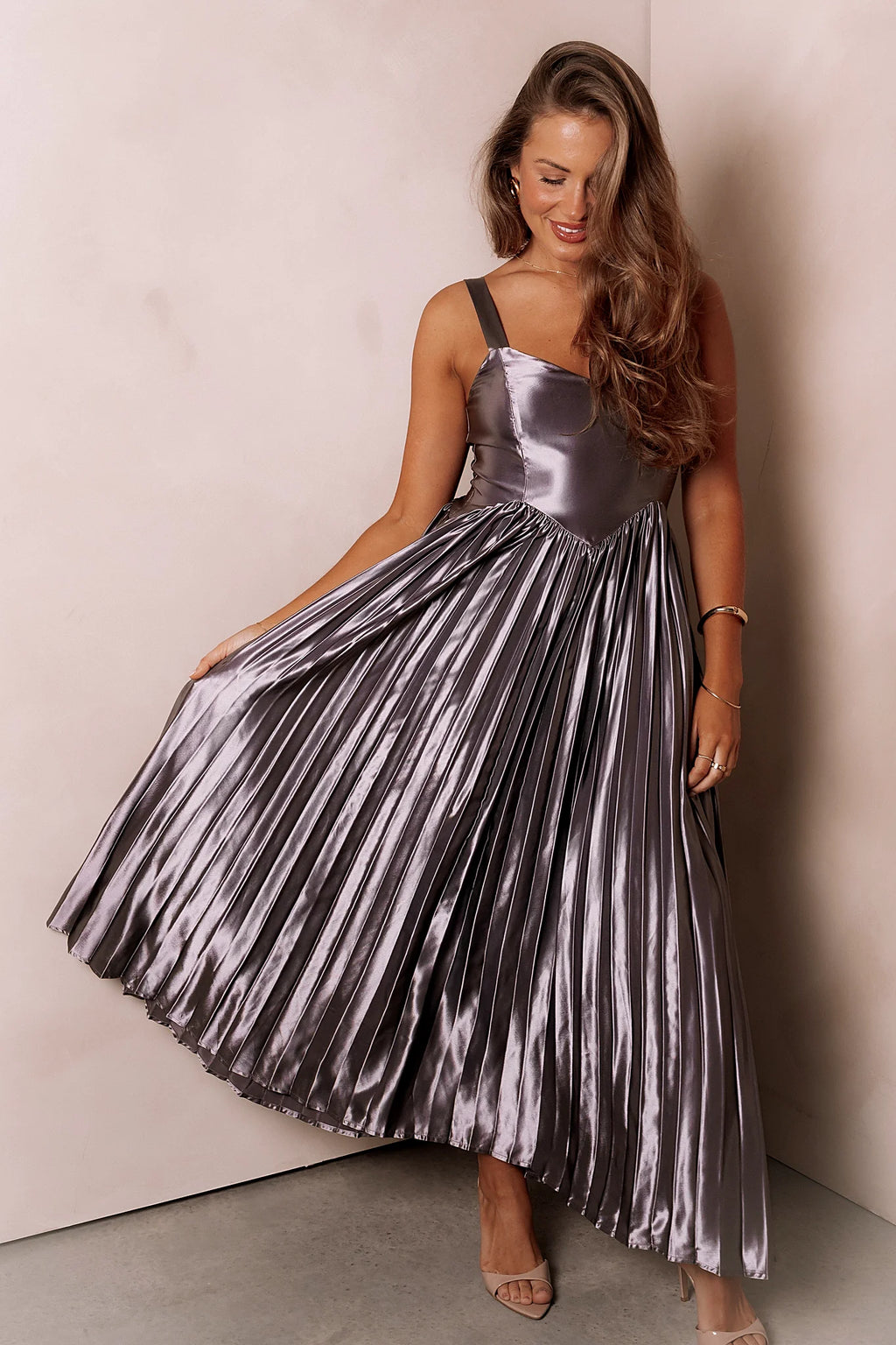 Grey silver maxi dress photographed from the front