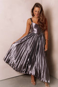 Grey silver maxi dress photographed from the front