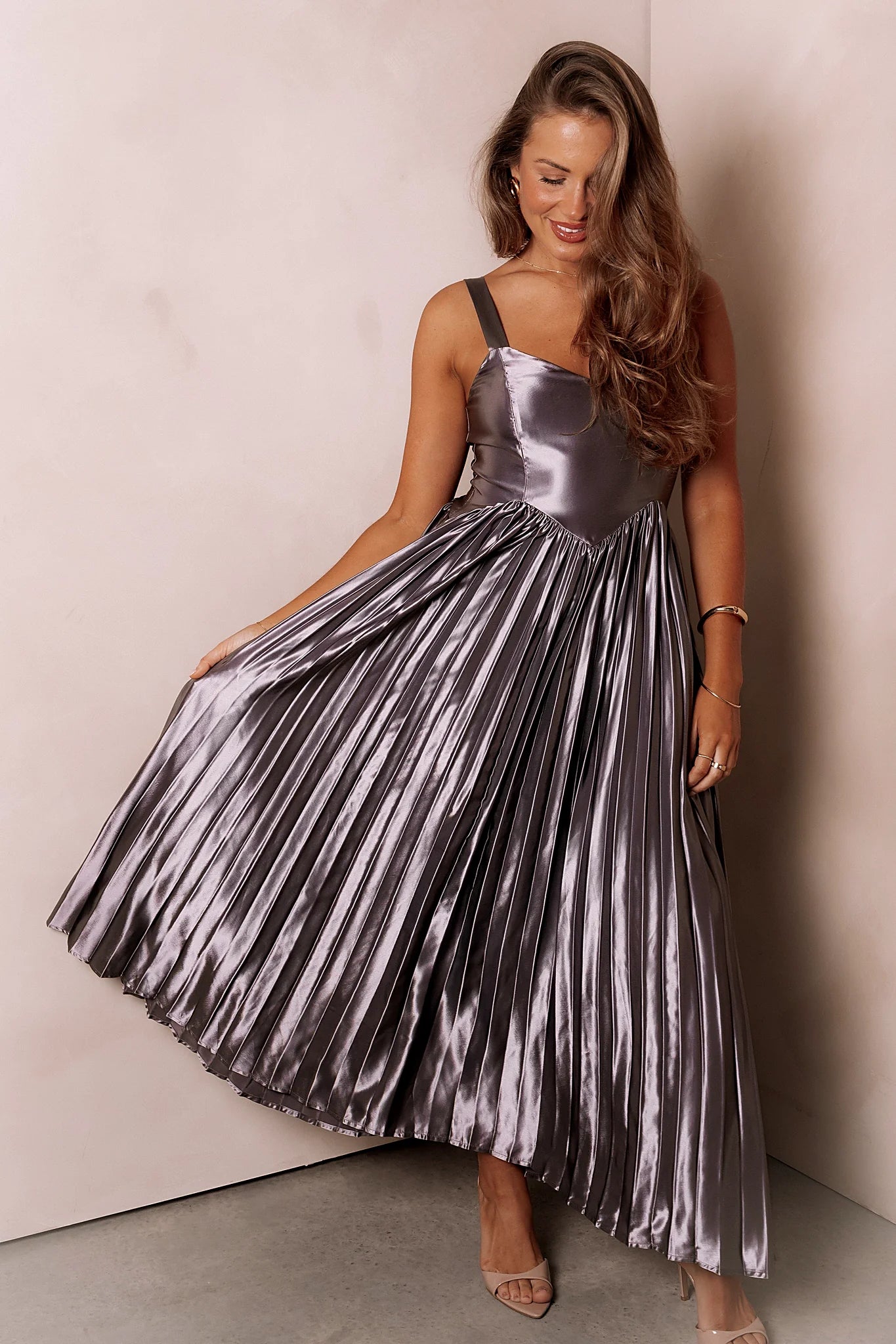 Grey silver maxi dress photographed from the front