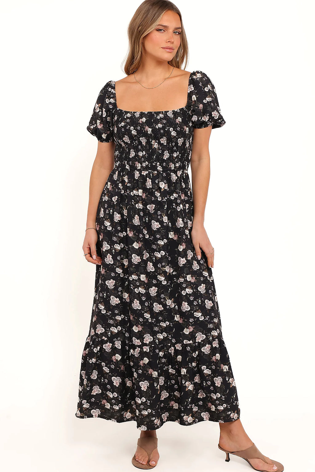Black floral puff sleeve maxi dress, front view