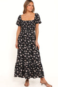 Black floral puff sleeve maxi dress, front view