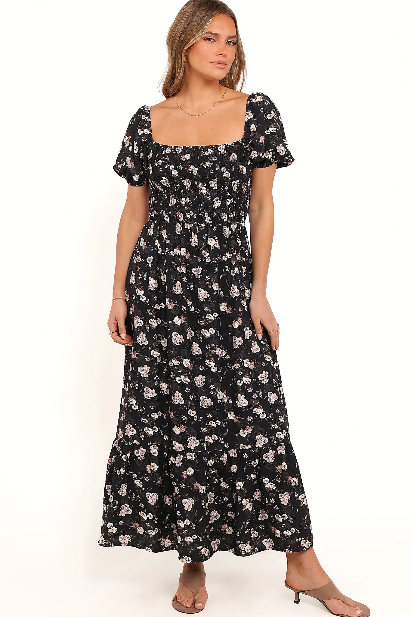 Black floral puff sleeve maxi dress, front view
