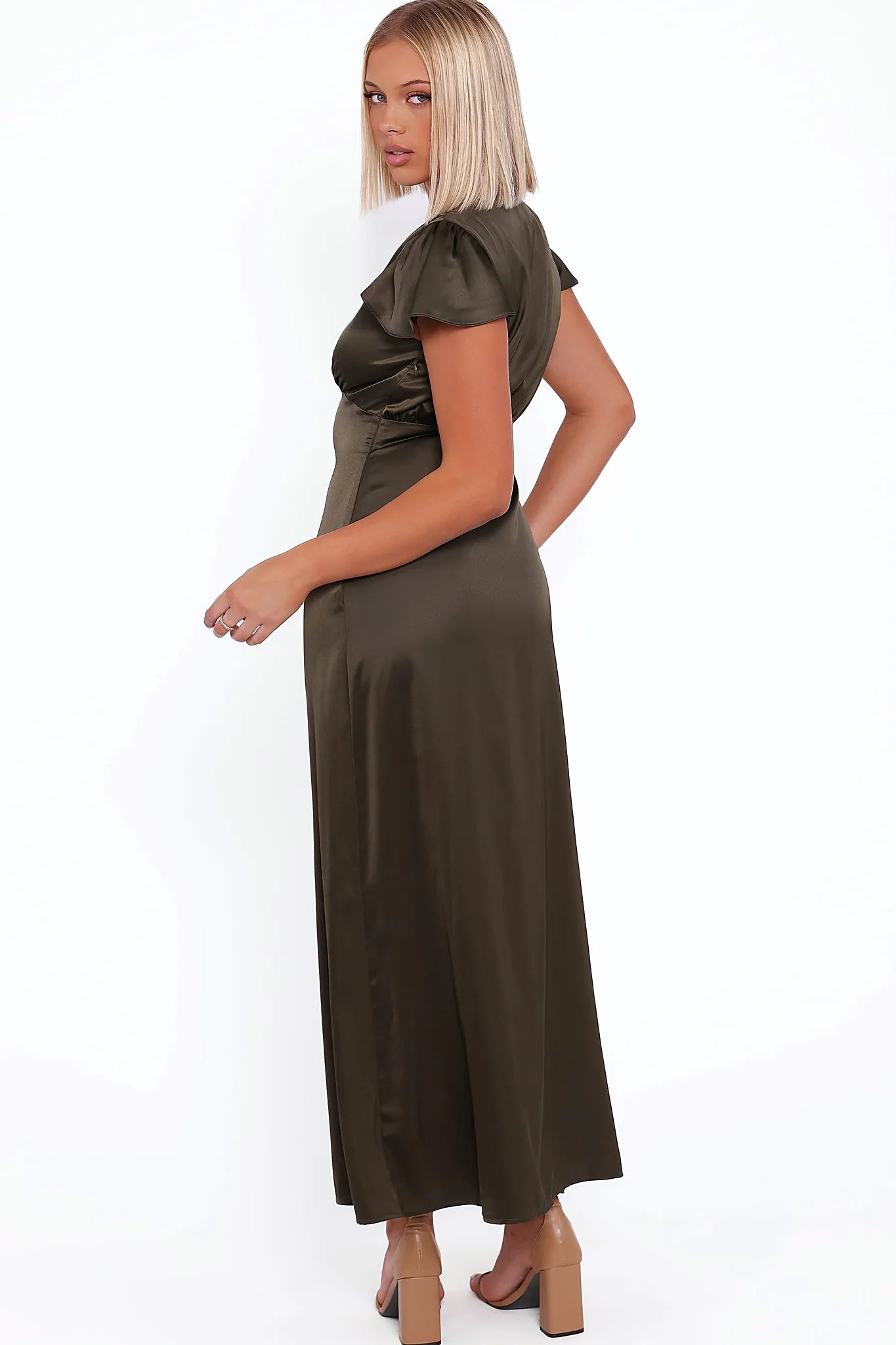 Front split opening on the olive maxi dress