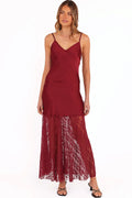Cherry red satin maxi dress, front view