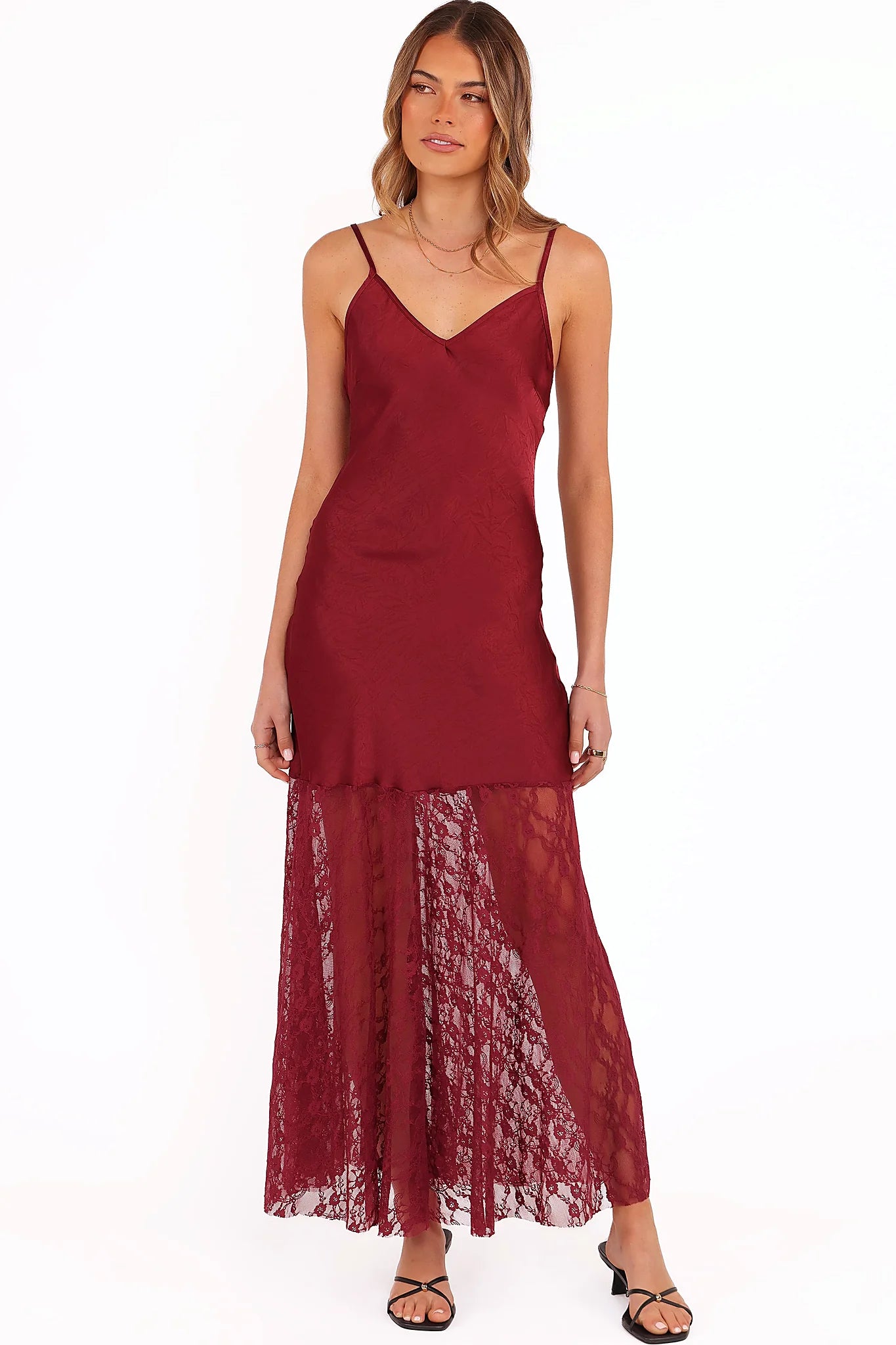 Cherry red satin maxi dress, front view