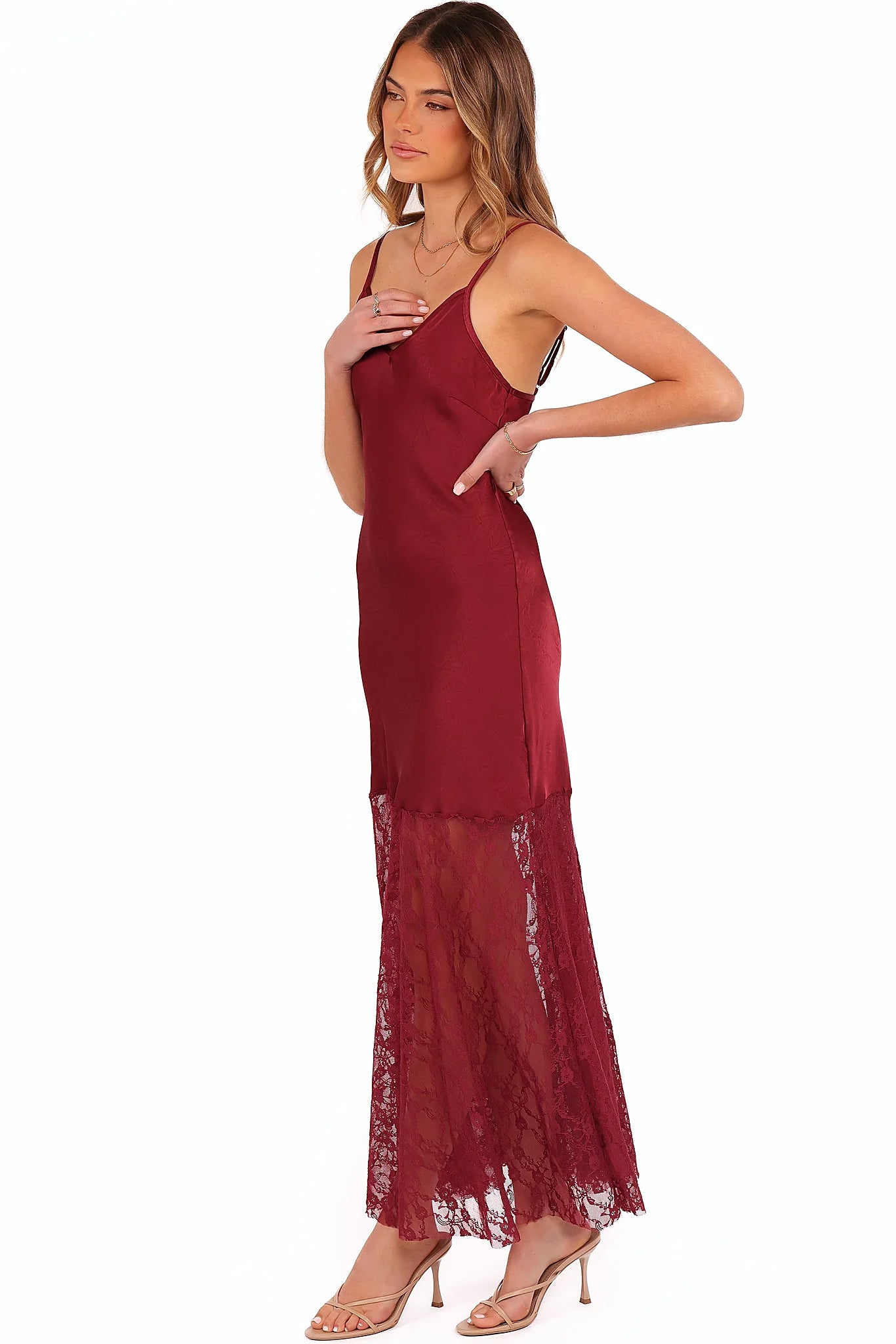 Unlined red satin maxi shown at full length