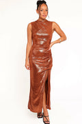 Bronze metallic maxi dress photographed from the front