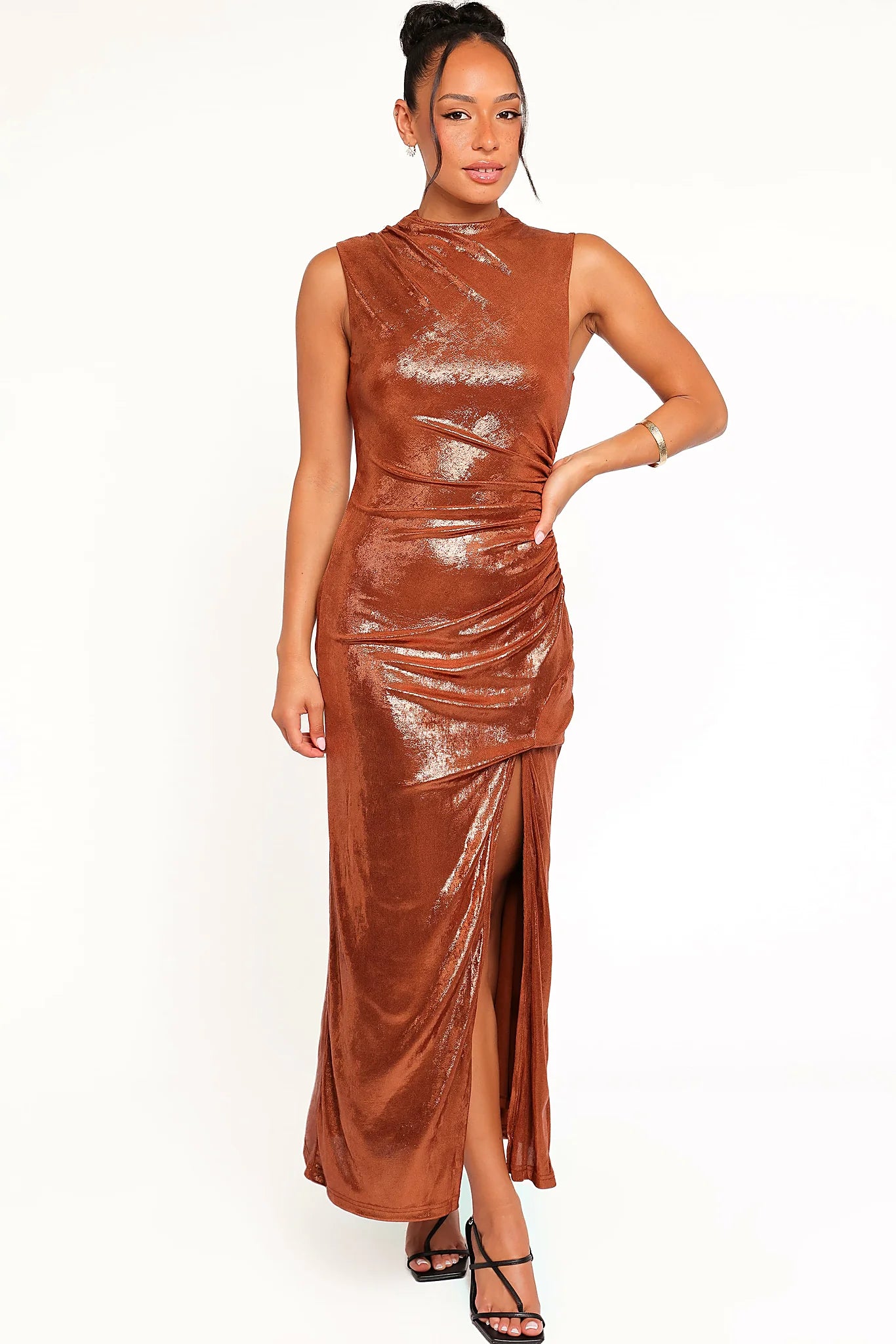 Bronze metallic maxi dress photographed from the front