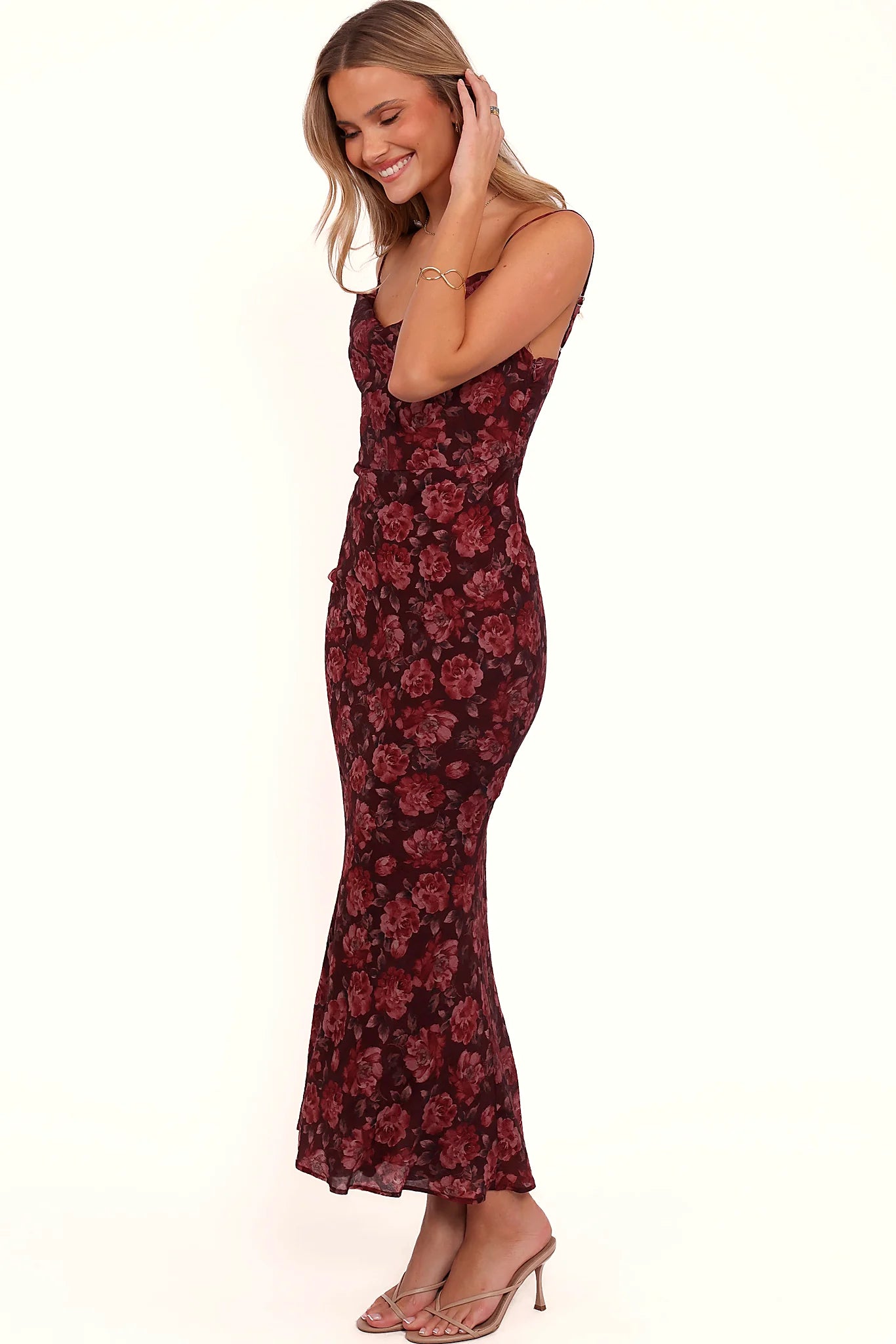 Thin adjustable straps on the pink floral maxi