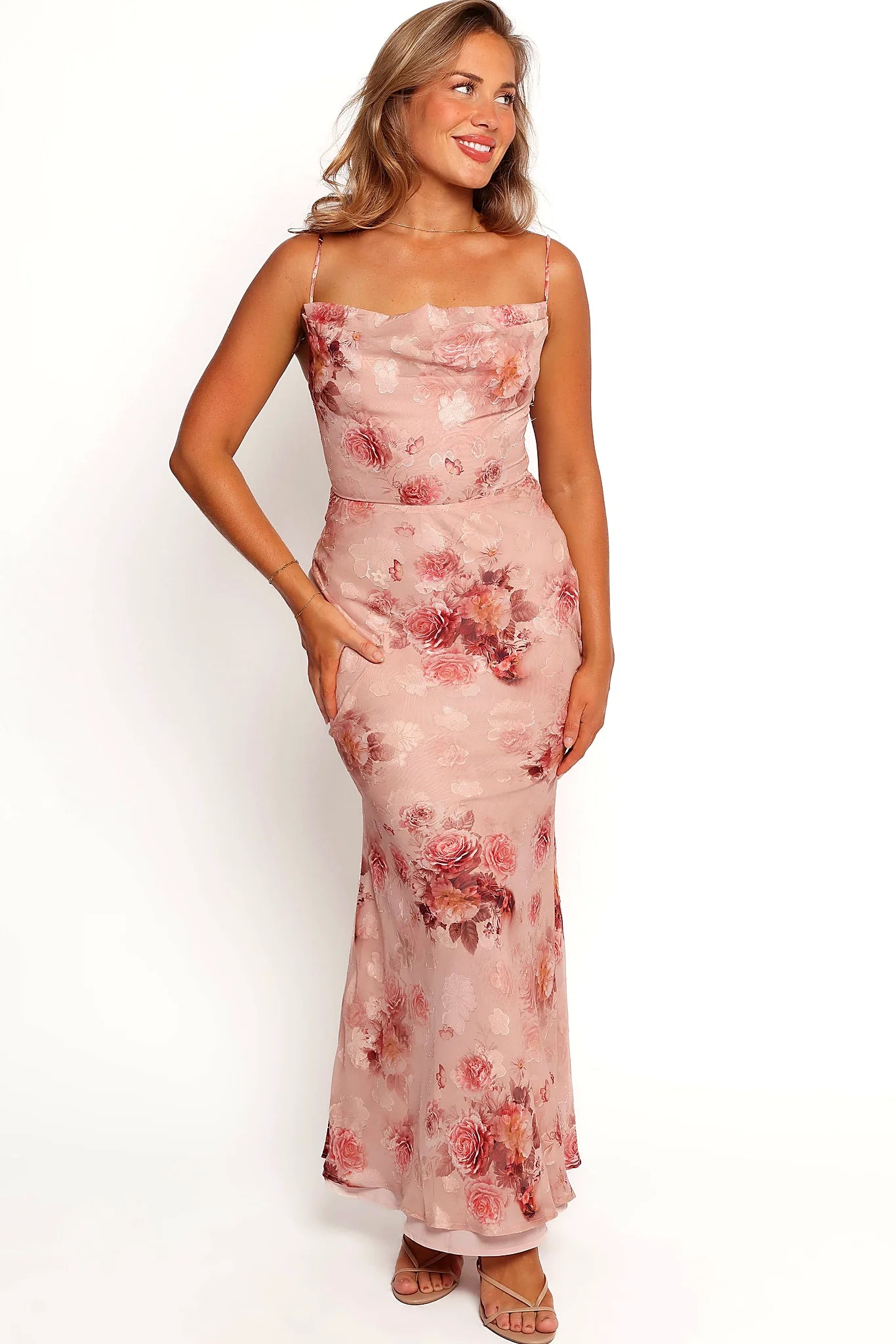 Rose print cowl neck maxi dress, front view