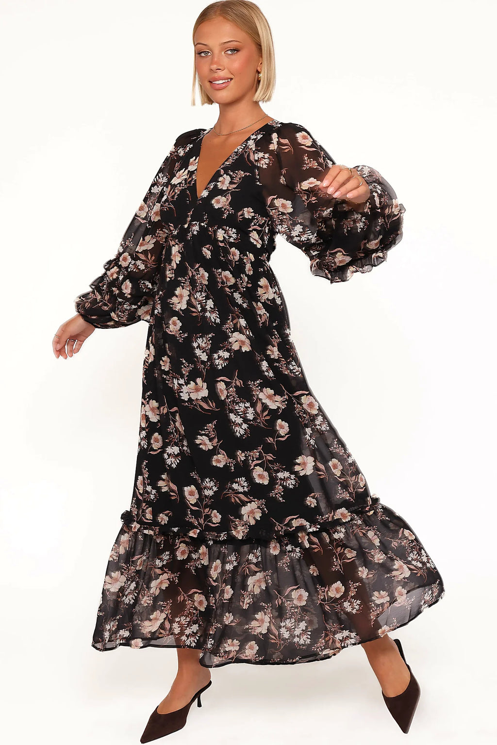 Evian Long Sleeve Maxi Dress - Black Floral