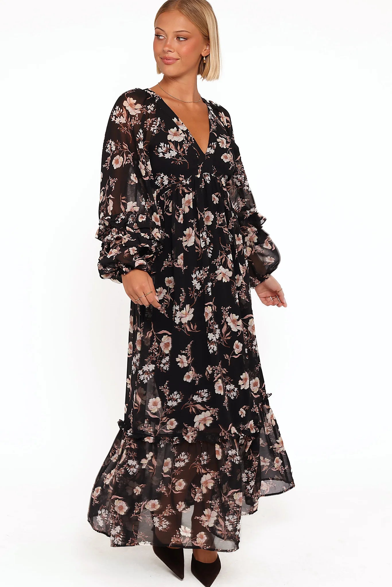 V neckline on the black floral maxi