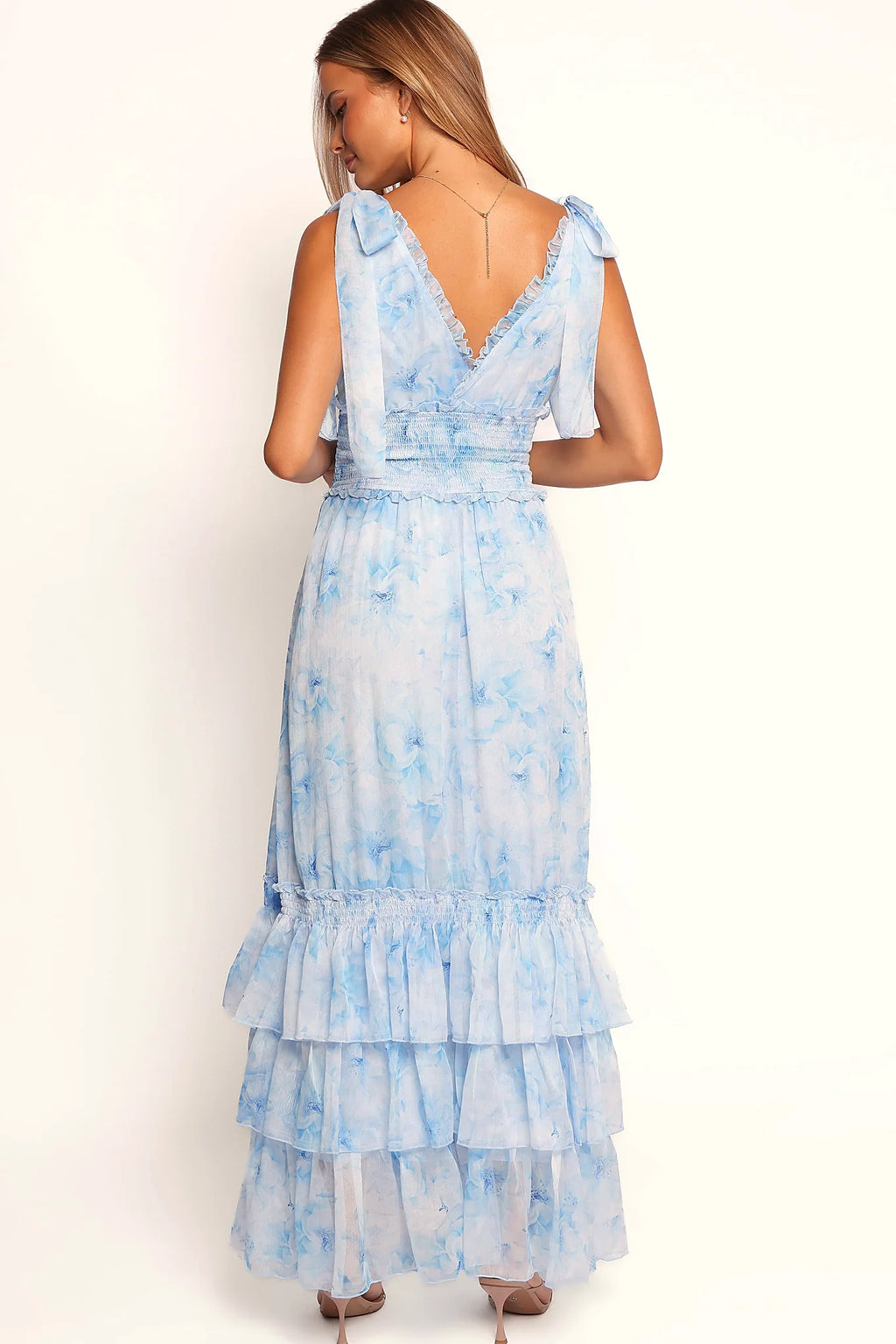 Drop tier a-line skirt on the blue floral maxi