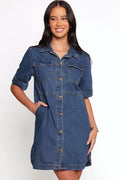 Denim shirt mini dress photographed from the front