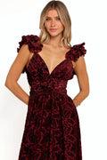 Burgundy metallic maxi dress photographed from the front