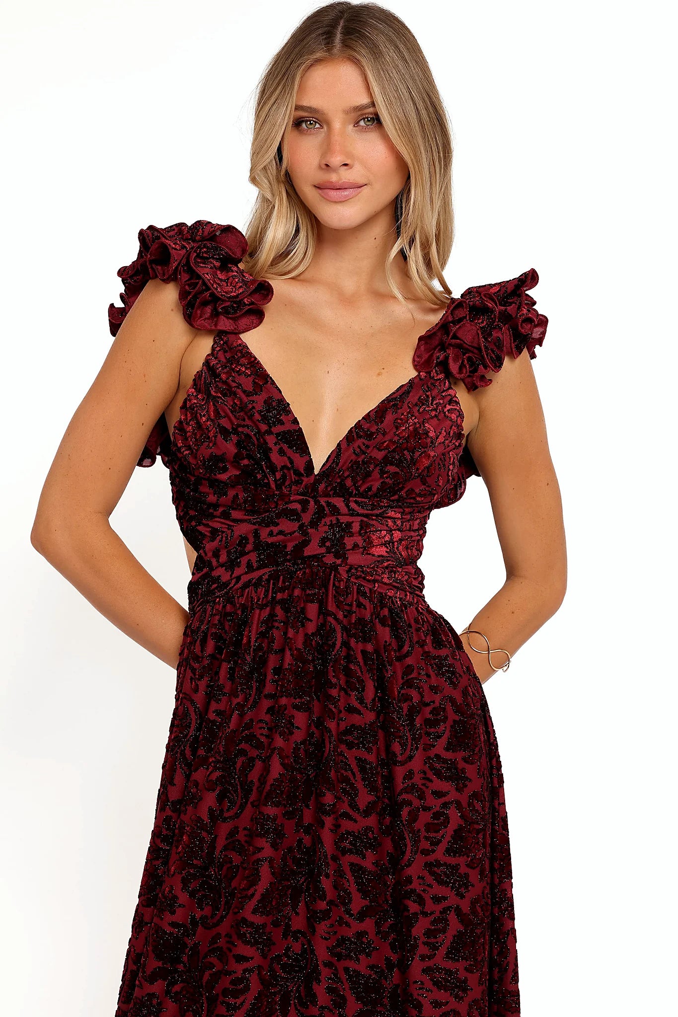 Burgundy metallic maxi dress photographed from the front