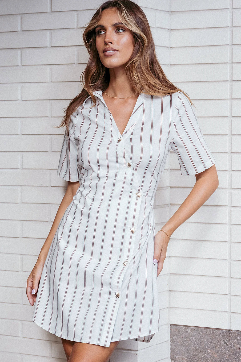 Collar and shell buttons on the pinstripe dress