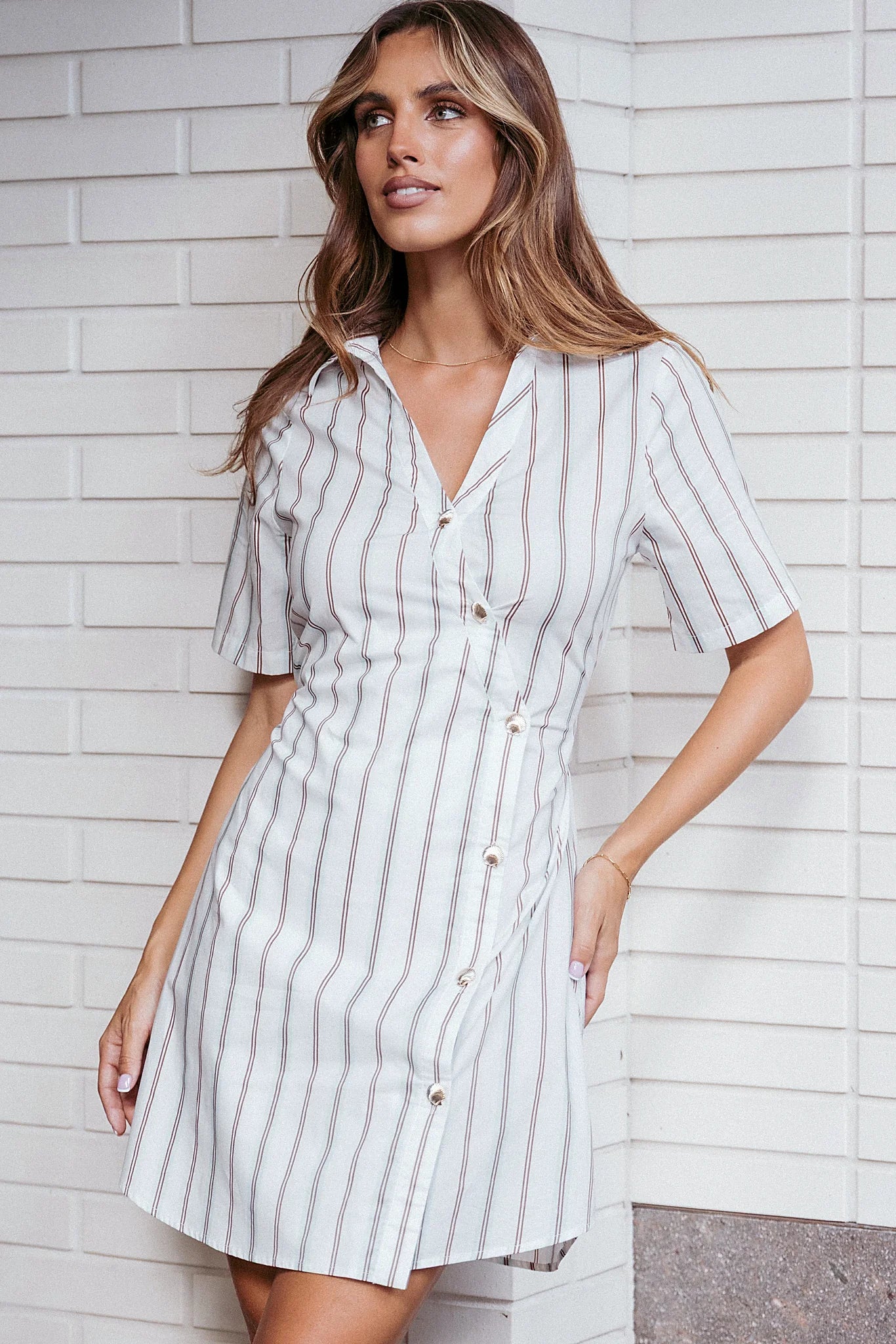 Collar and shell buttons on the pinstripe dress