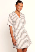 Blue pinstripe collared mini dress, front view
