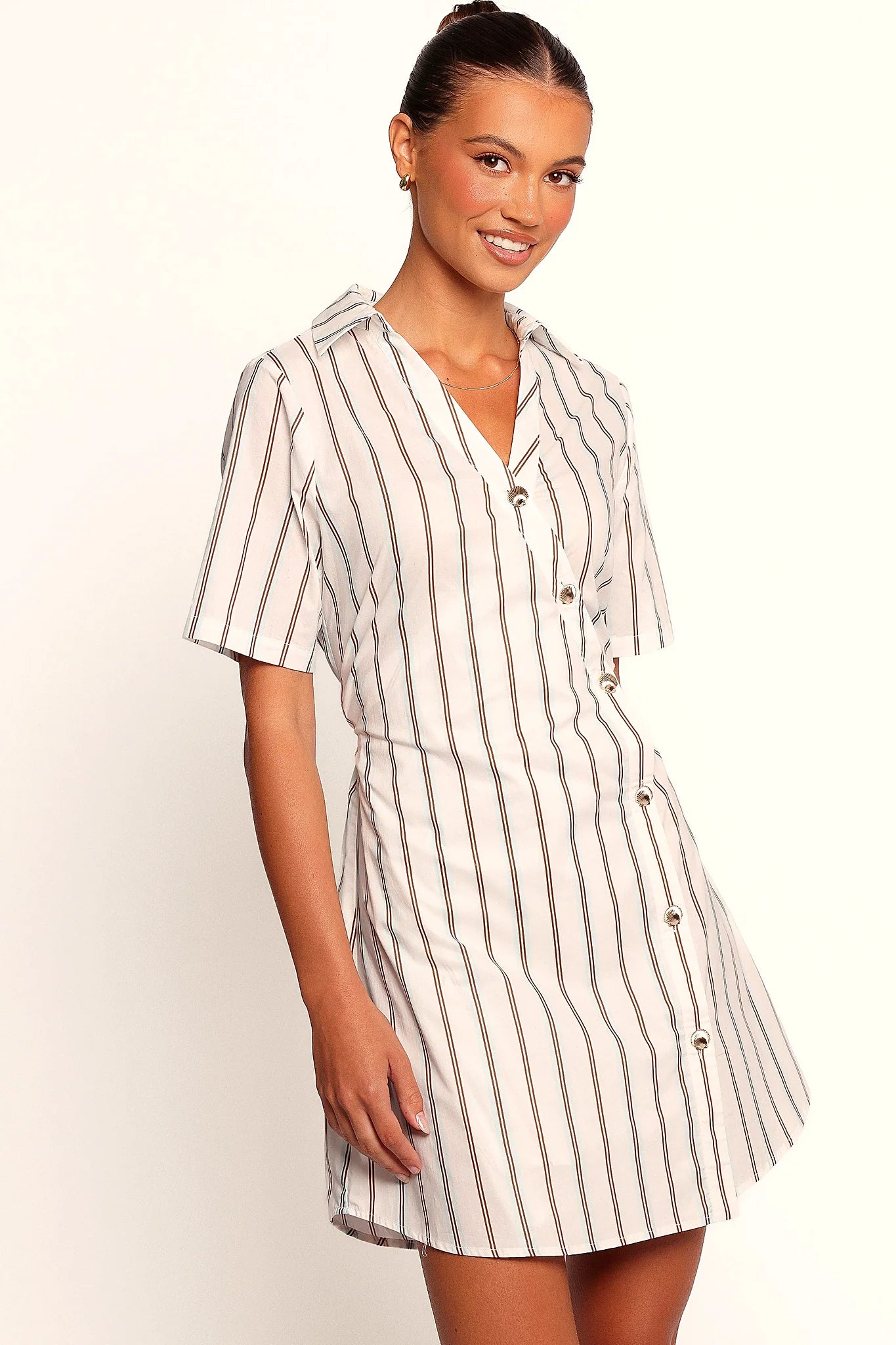 Blue pinstripe collared mini dress, front view
