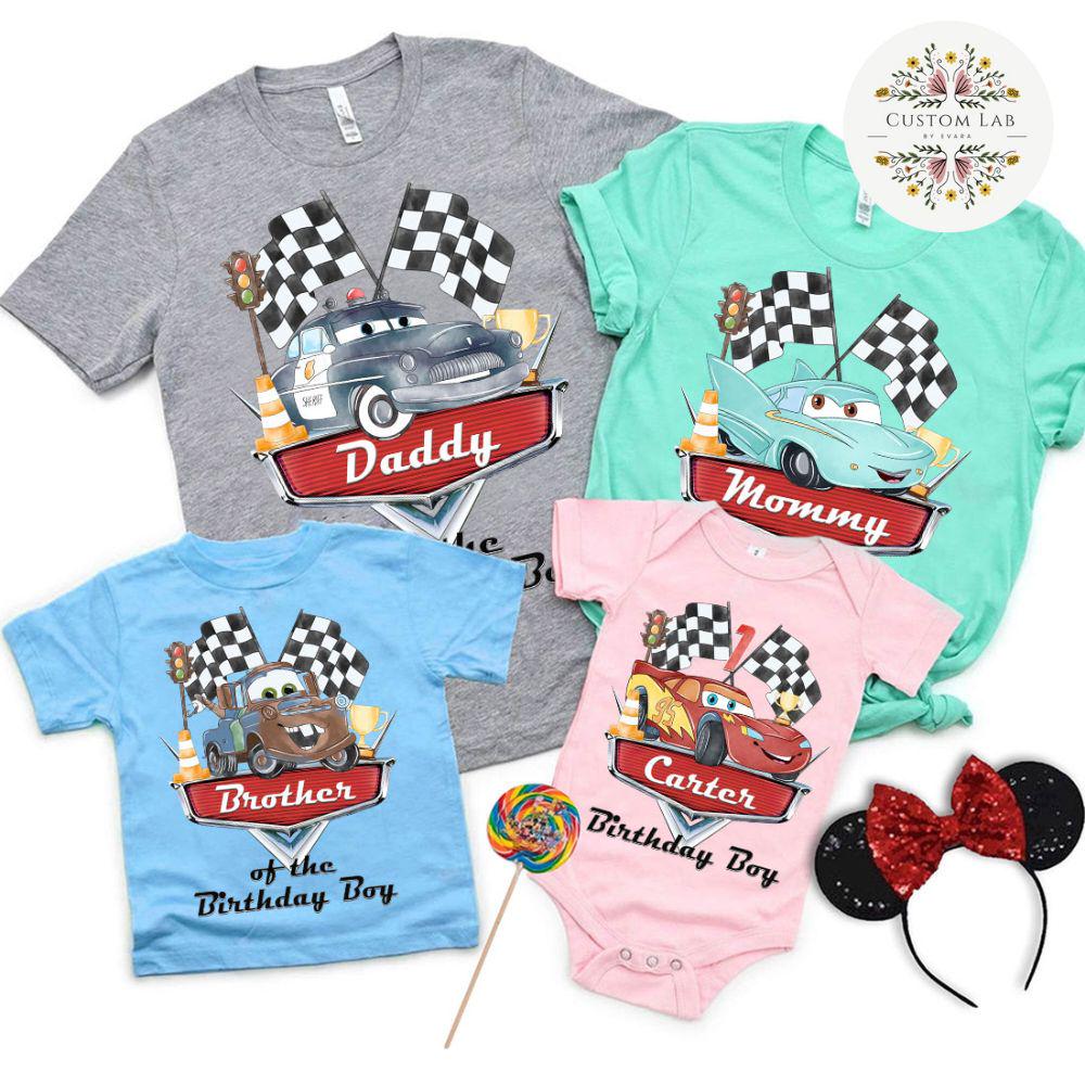 Personalized Cars Checkered Birthday Family Crew Shirt