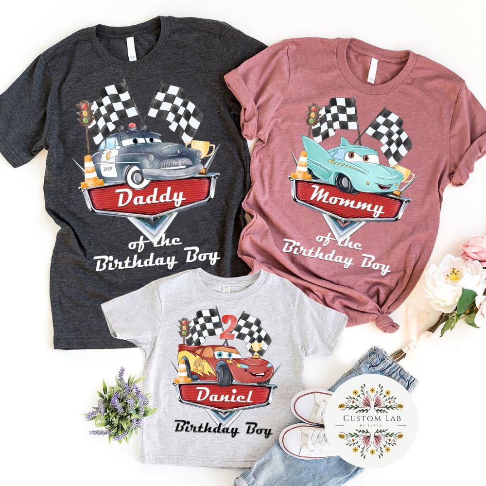 Personalized Cars Checkered Birthday Family Crew Shirt