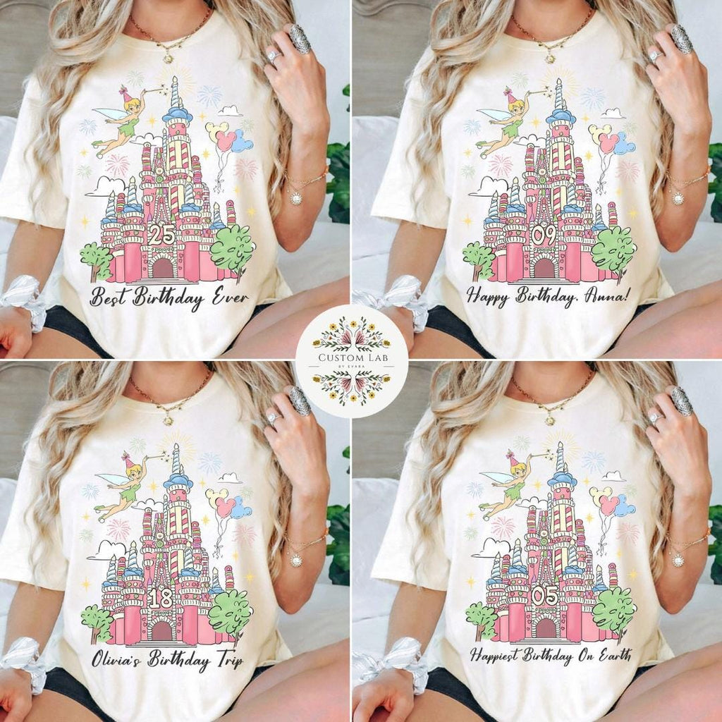 Personalized Mickey Pink Castle Fireworks Birthday Shirt