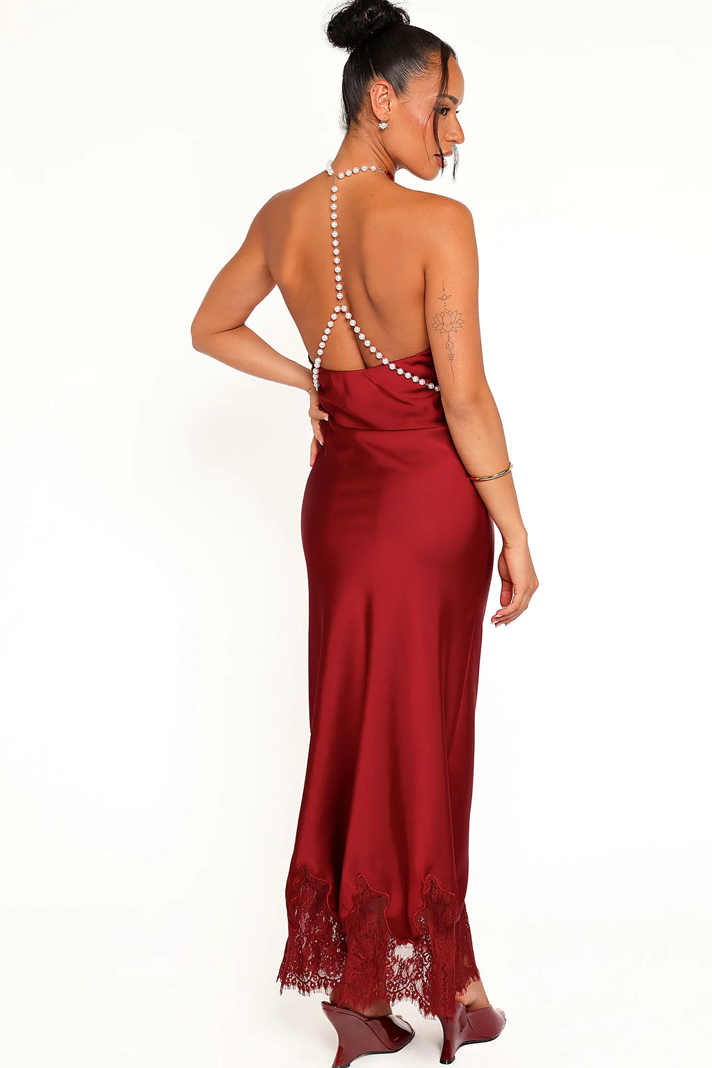 Dark red crossover halter maxi dress, front view