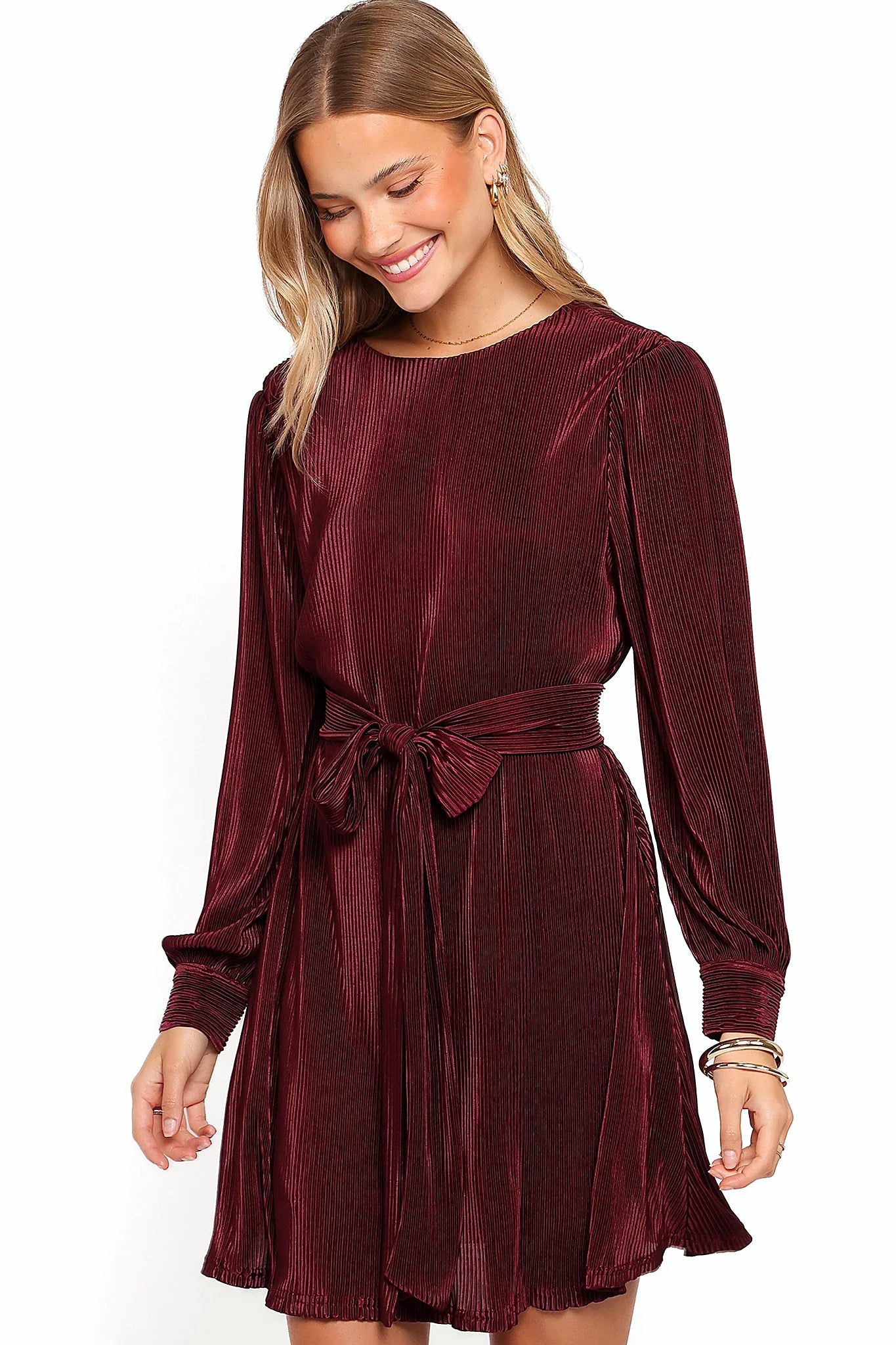 Burgundy plisse mini dress photographed from the front