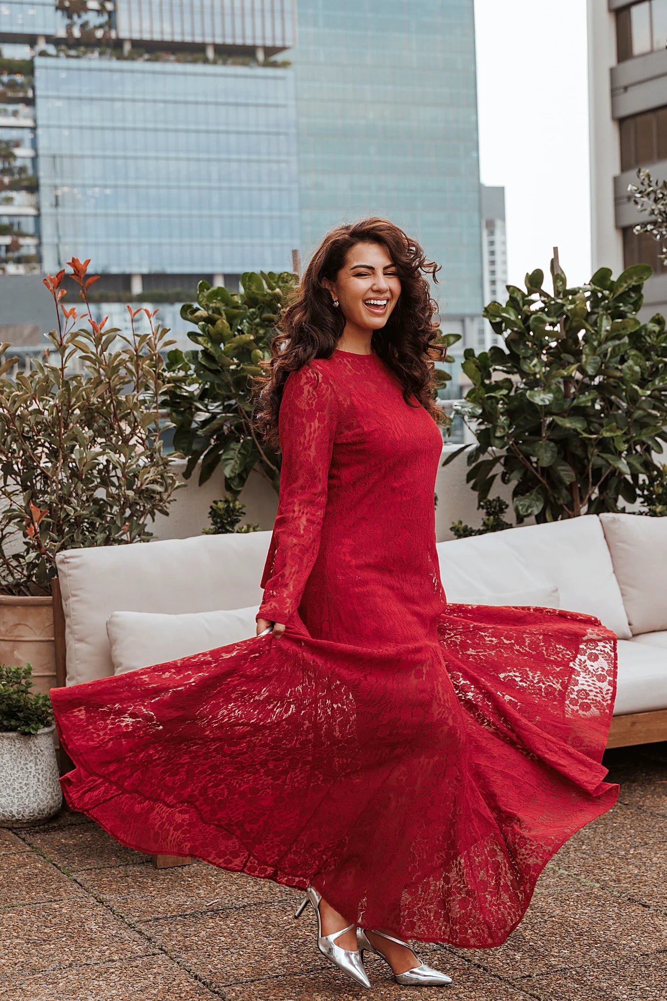 Boat neckline running shoulder to shoulder in red