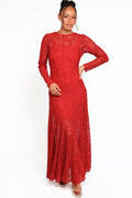 Red lace maxi dress photographed from the front