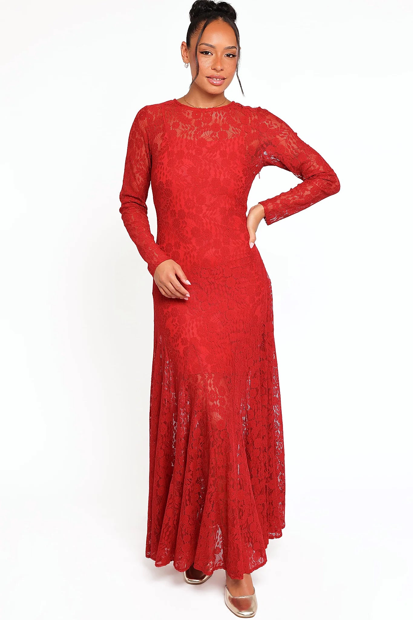 Red lace maxi dress photographed from the front