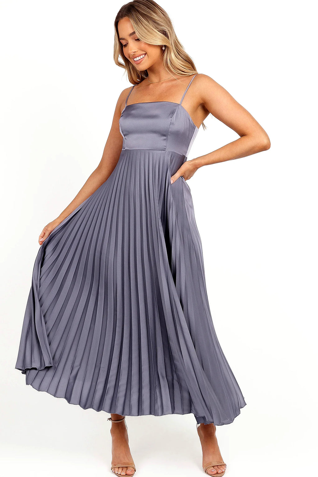 Satin sheen finish catching the light on the gray maxi