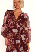 Burgundy floral wrap maxi dress, front view