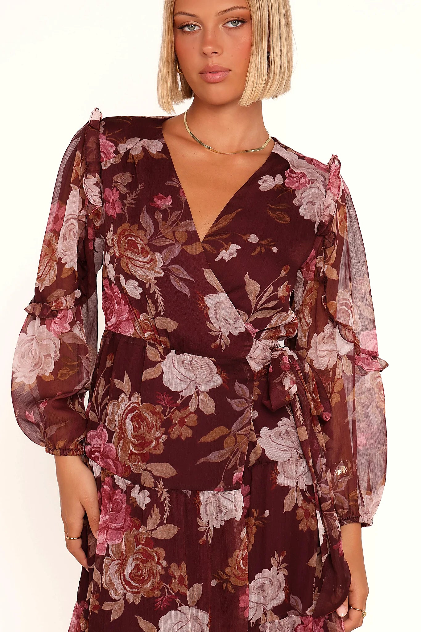 Burgundy floral wrap maxi dress, front view