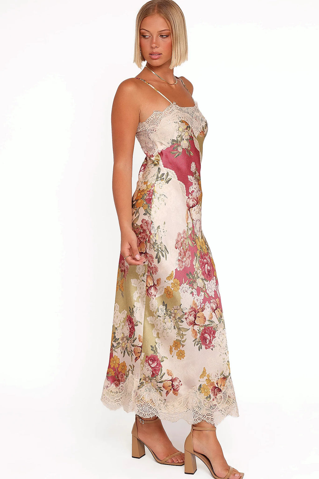 Lace trim detail on the patchwork floral maxi