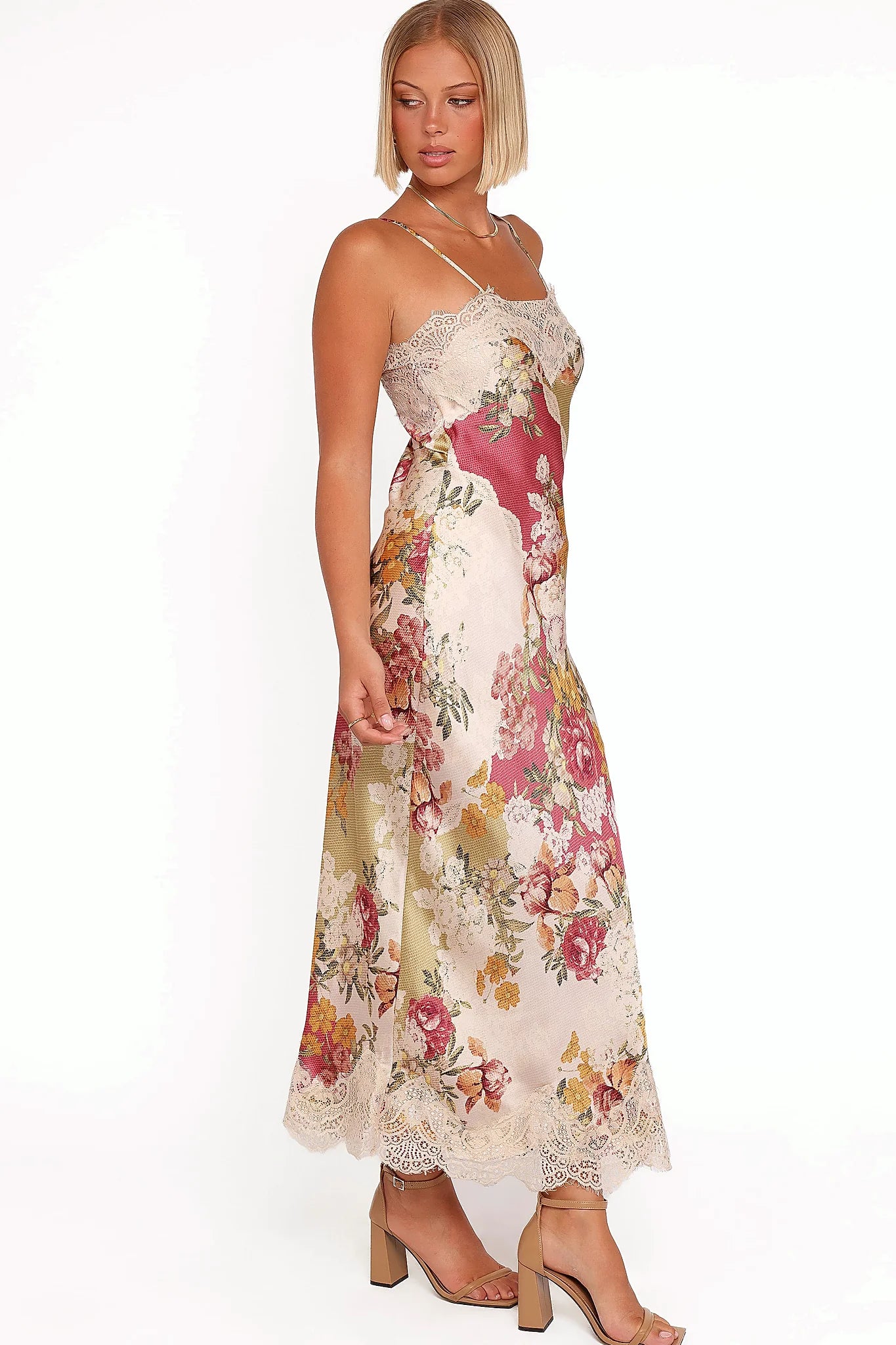 Lace trim detail on the patchwork floral maxi
