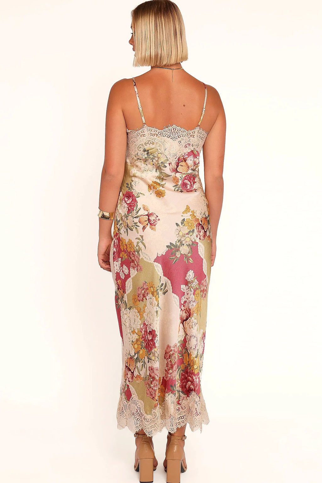 Patchwork floral print across the satin fabric