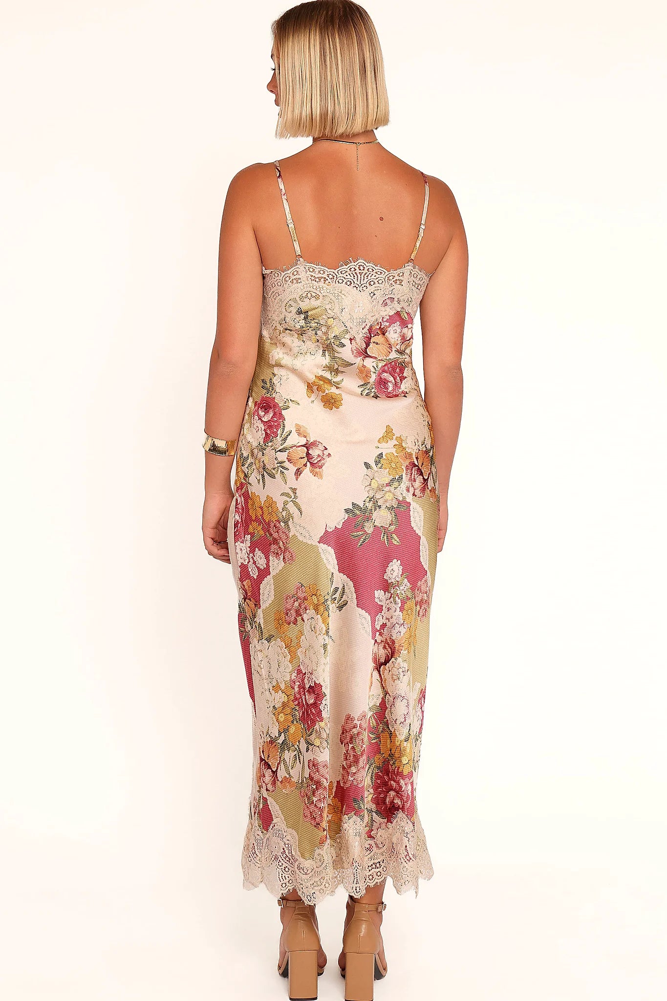 Patchwork floral print across the satin fabric