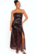 Cherry red sequin maxi dress photographed from the front