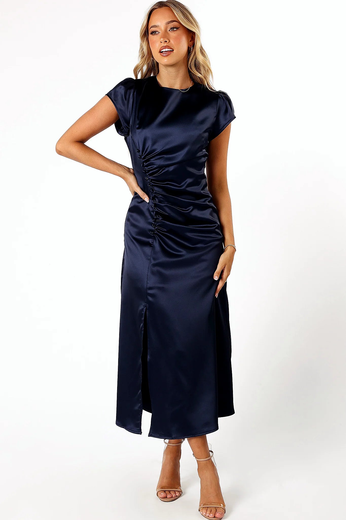 Back neck opening and invisible zip, navy midi dress