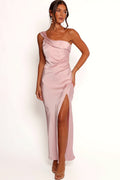 Pale pink draped one shoulder midi dress, front view