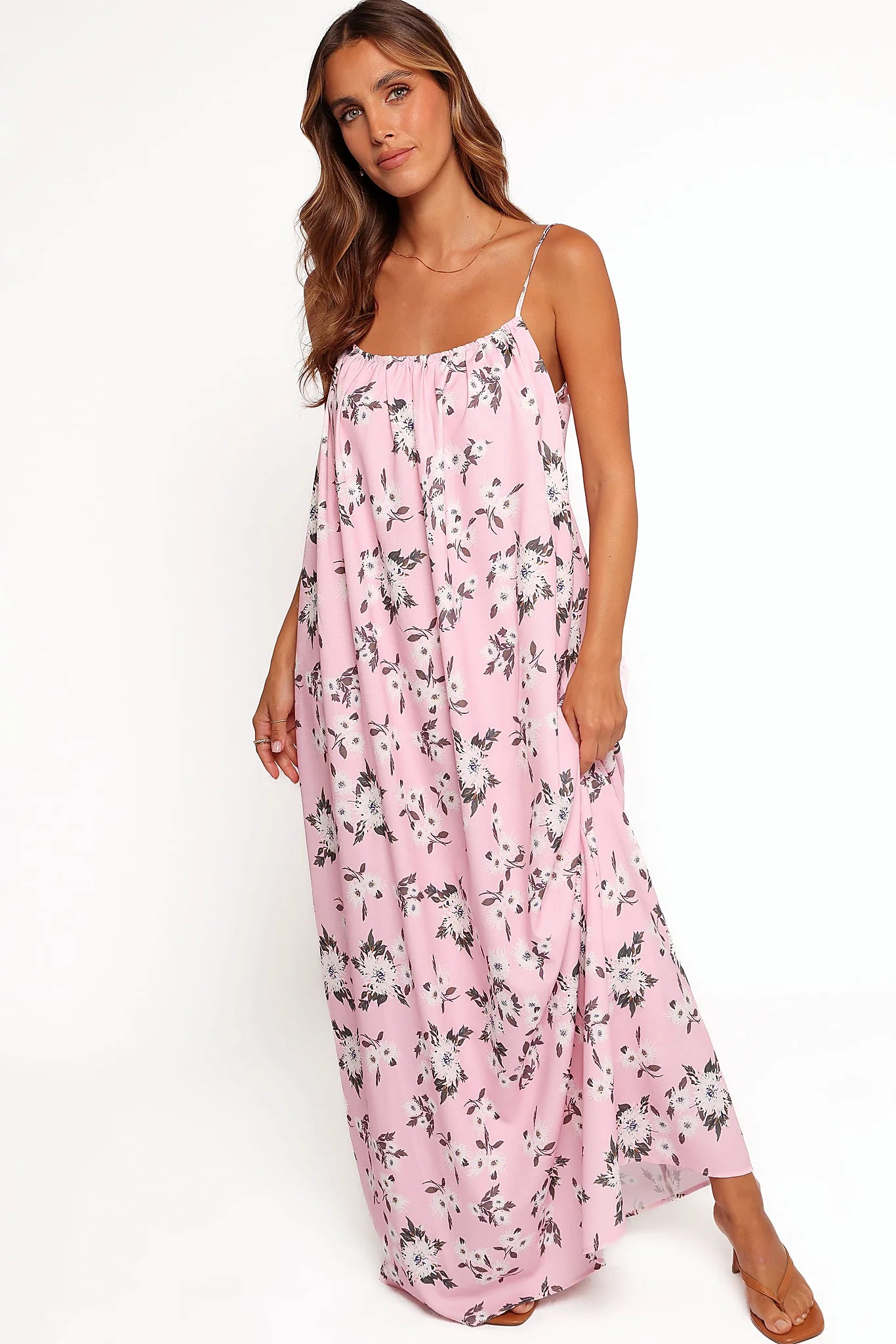 Pink floral shift maxi dress photographed from the front