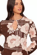 Brown floral high neck mini dress, front view